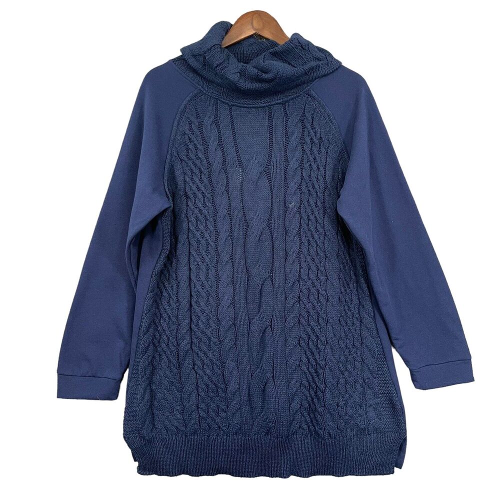Sunday Pullover Sweater Women 2X Blue Cable Cowl Neck Long Sleeve‎ Knit R91